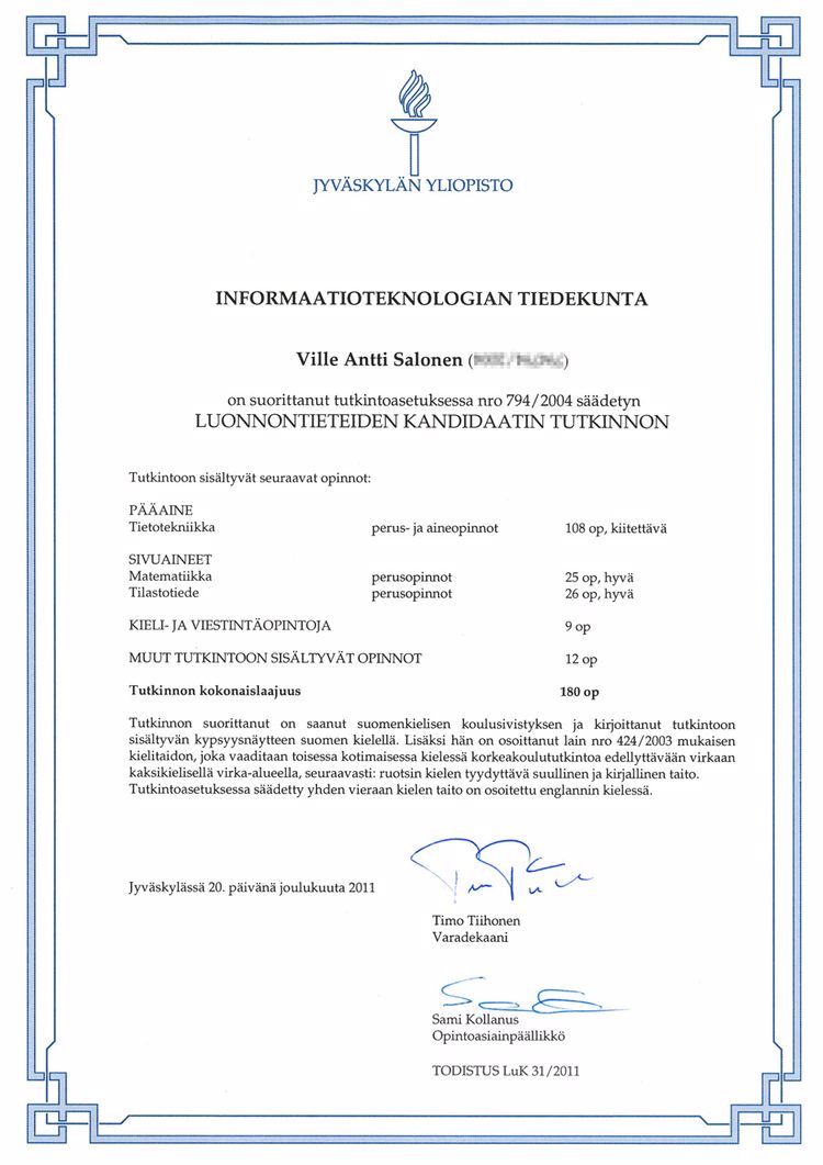 Buy college degree from The Jyväskylän yliopisto